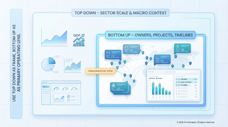Nested frame infographic: Firmographs view — Top Down as frame, Bottom Up as primary operating lens