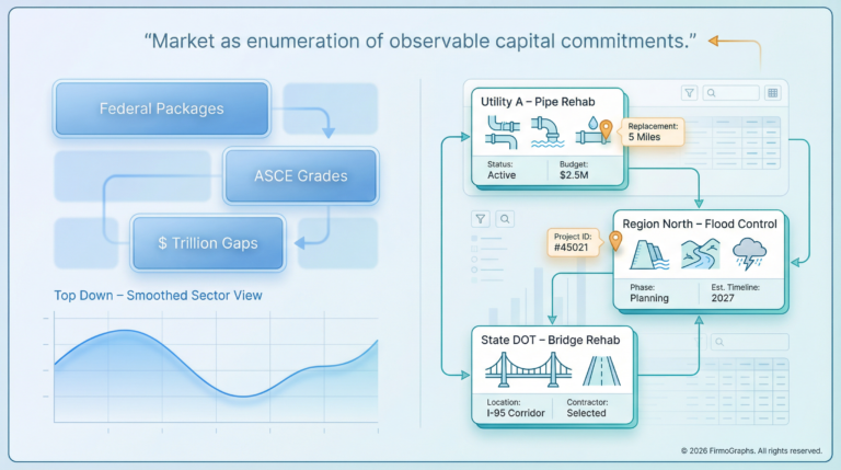 Hero graphic: Top-down vs bottom-up infrastructure lenses — Market as enumeration of observable capital commitments